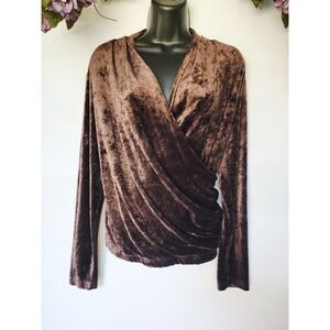 VINTAGE CAROLE LITTLE CRUSHED VELVET V-NECK BROWN BLOUSE WOMENS SIZE LARGE  Y2K